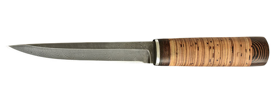 Охотничий нож "Эвенк", клинок дамасская сталь, рукоять береста, купить по цене 5 850 руб. купить ножи в интернет магазине Русский булат